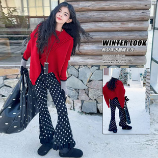 新款 女童洋气毛衣儿童宽松上衣2025冬装 新年红针织衫 加厚大童装