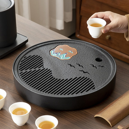 观山圆形茶盘家用储水功夫茶台茶具储水干泡简约小型