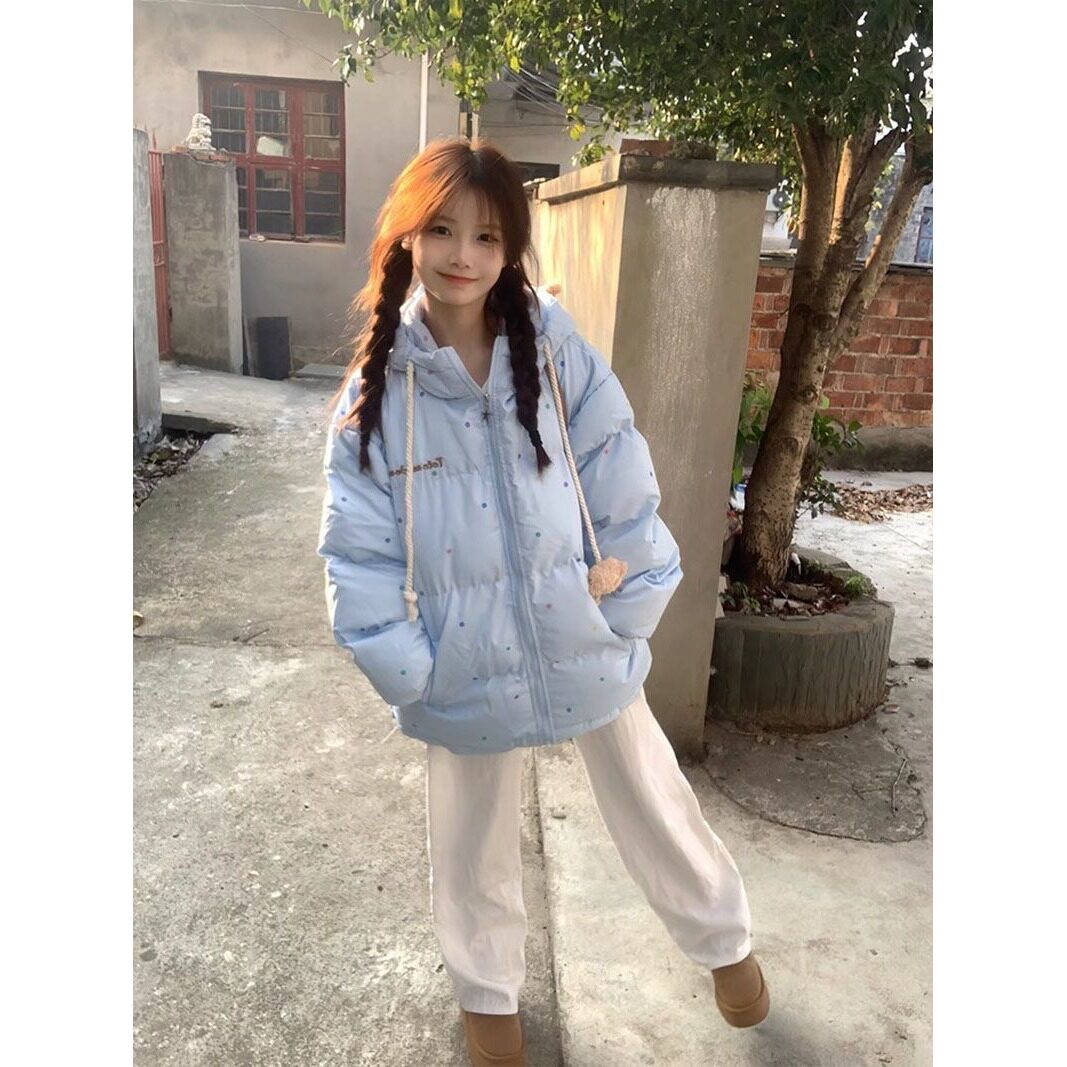 波点棉服连帽韩版加厚女外套大毛领冬面包服2026新款减龄