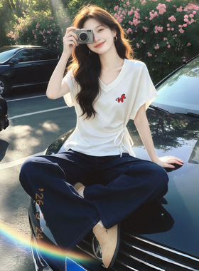 不规则绑带设计感白色短袖t恤女夏新款收腰显瘦V领上衣小衫A12514