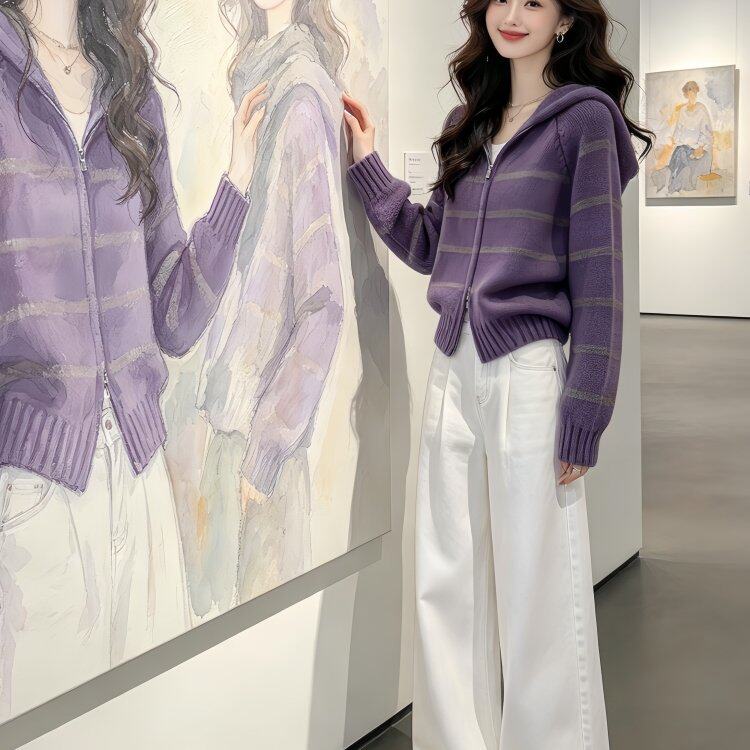 韩系纯欲风淡人感穿搭一整套秋冬新款条纹针织开衫毛衣牛仔裤件套