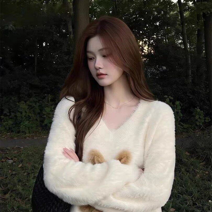 白色兔子圆领软糯水貂绒毛衣女秋冬加厚慵懒高级感马海毛针织上衣