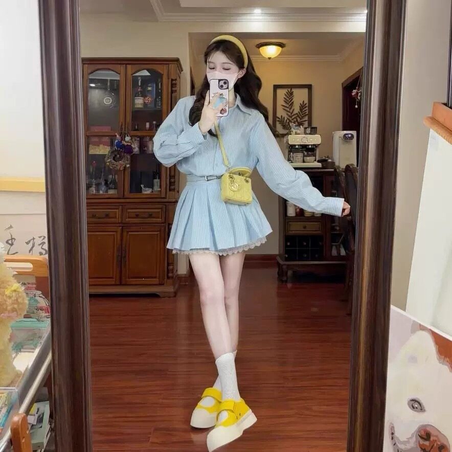 有腰带漂亮长袖女2026新款感小个子收腰条纹衬衫裙子图片色