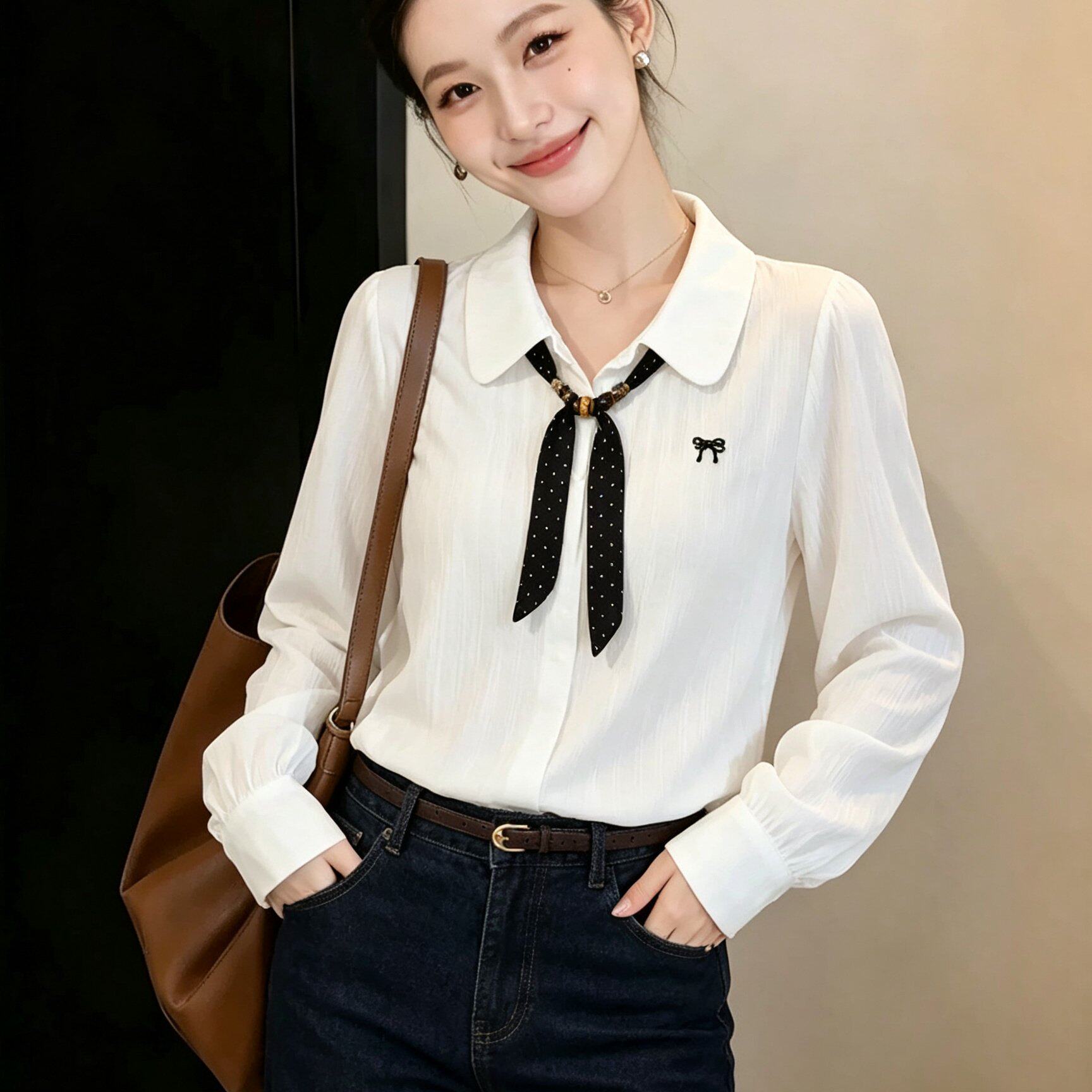 大码白色polo领长袖衬衫女秋新款法式设计感宽松翻领衬衣上衣