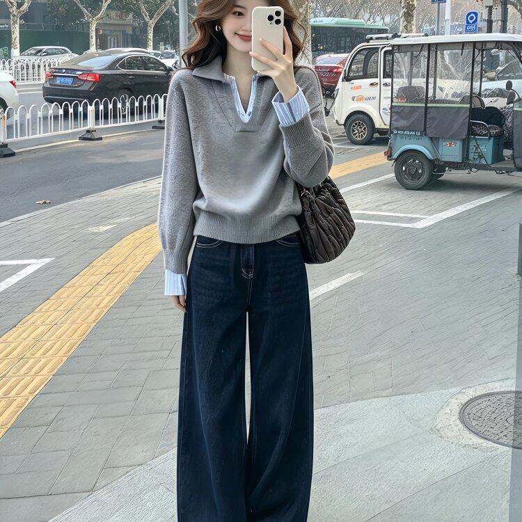 韩系chic别致穿搭一整套秋冬高级感小香风撞色针织衫牛仔裤套装女