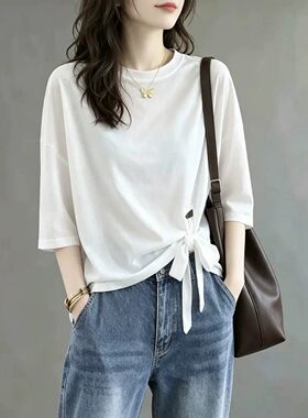 不规则绑带小众白色短袖t恤女夏季新款宽松显瘦遮肉短袖上衣12478