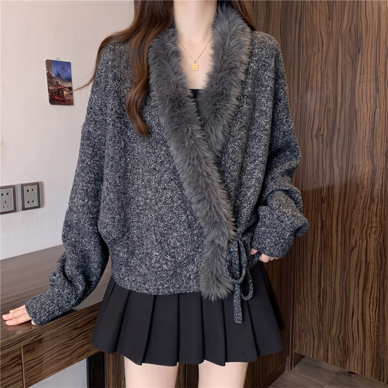 实拍有货 大码系带V领宽松气质毛领毛衣外套