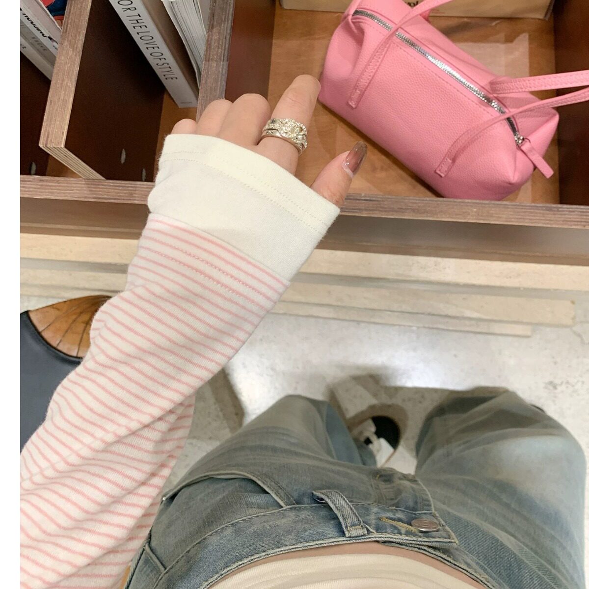 肩内搭粉色条纹女长袖修身正打底衫秋季假两件韩系上衣t恤