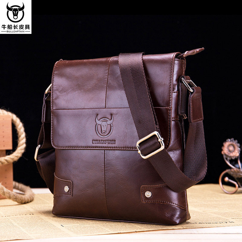 牛船长真皮男包商务休闲单肩斜跨韩版复古牛皮盖头竖款公文斜挎包