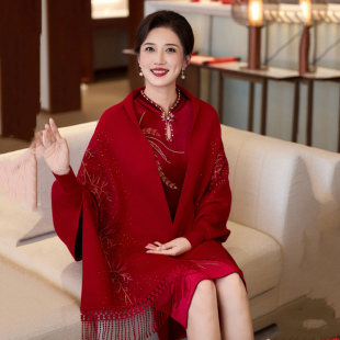 披肩婆婆旗袍刺绣新款带袖婚宴妈妈婚礼红色高端礼服外套披风斗篷