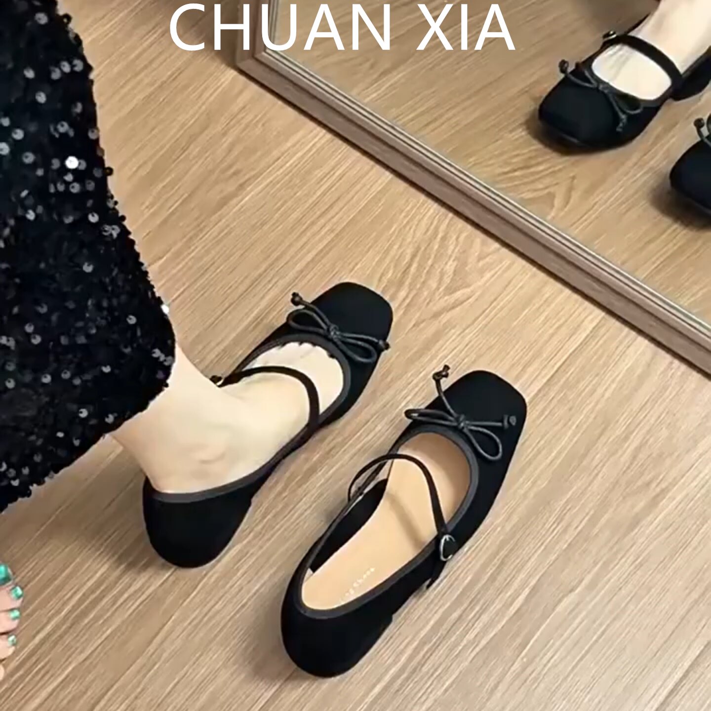 羊皮版！方头蝴蝶结粗跟玛丽珍鞋女简约真皮包鞋一脚蹬百搭高跟鞋