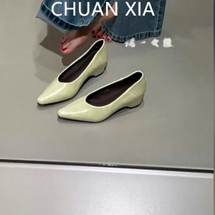 羊皮版~简约通勤尖头单鞋女真皮内增高玛丽珍鞋百搭软底浅口瓢鞋