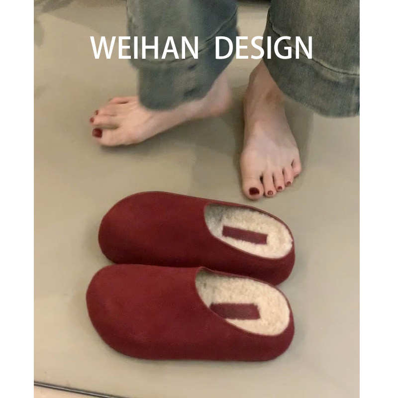 牛皮版！厚底红色勃肯鞋女内增高小个子加绒保暖休闲包头半拖棉鞋