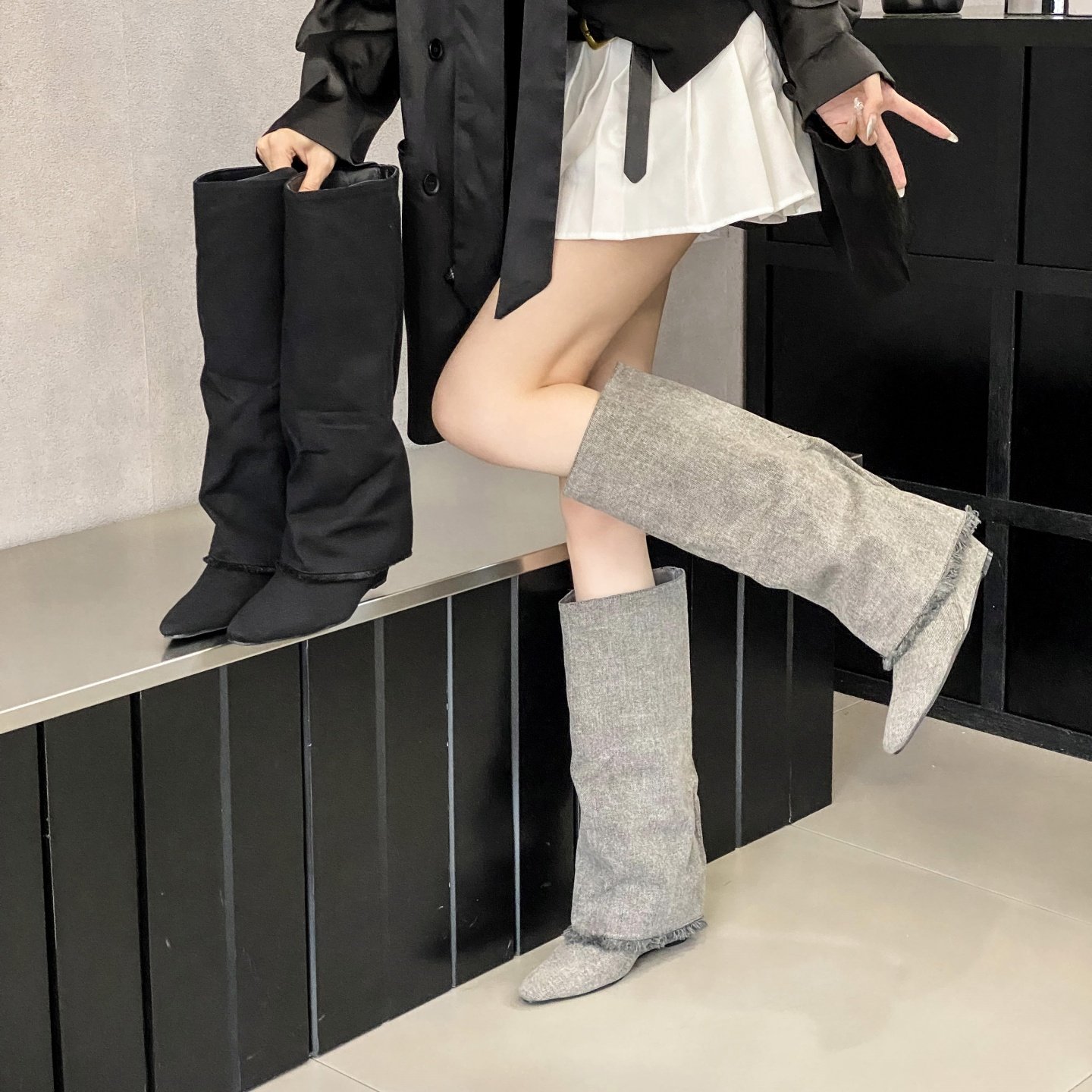 Aimi 爆款欧美风尖头坡跟裤管靴女夏季时尚高筒骑士靴增高长靴子