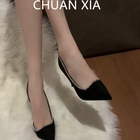 羊皮版~法式性感细跟高跟鞋女气质御姐风尖头凉鞋黑色不累脚单鞋