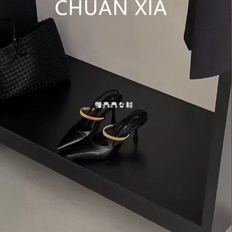 羊皮版~黑色气质细跟凉鞋女金属一字带高跟鞋真皮高级感尖头单鞋