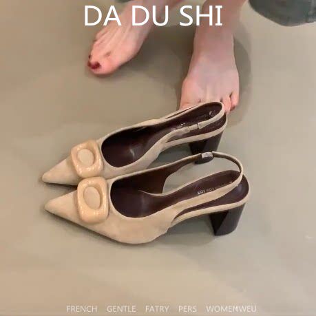 羊皮版！韩系御姐绒面单鞋女金属扣粗跟包头凉鞋不累脚尖头高跟鞋