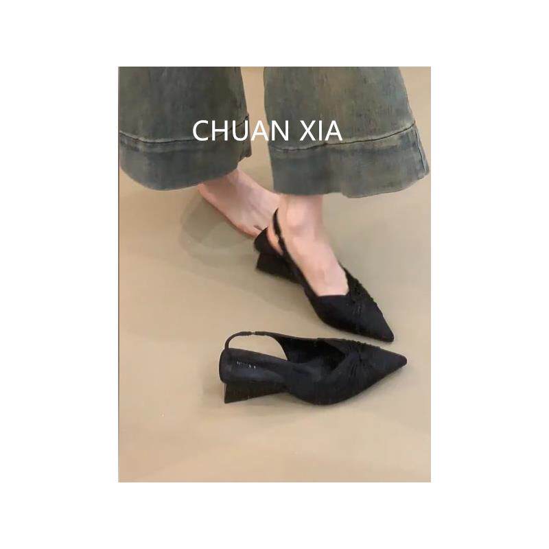 羊皮版！法式黑色坡跟高跟鞋女高级感包头凉鞋坡跟不累脚尖头单鞋