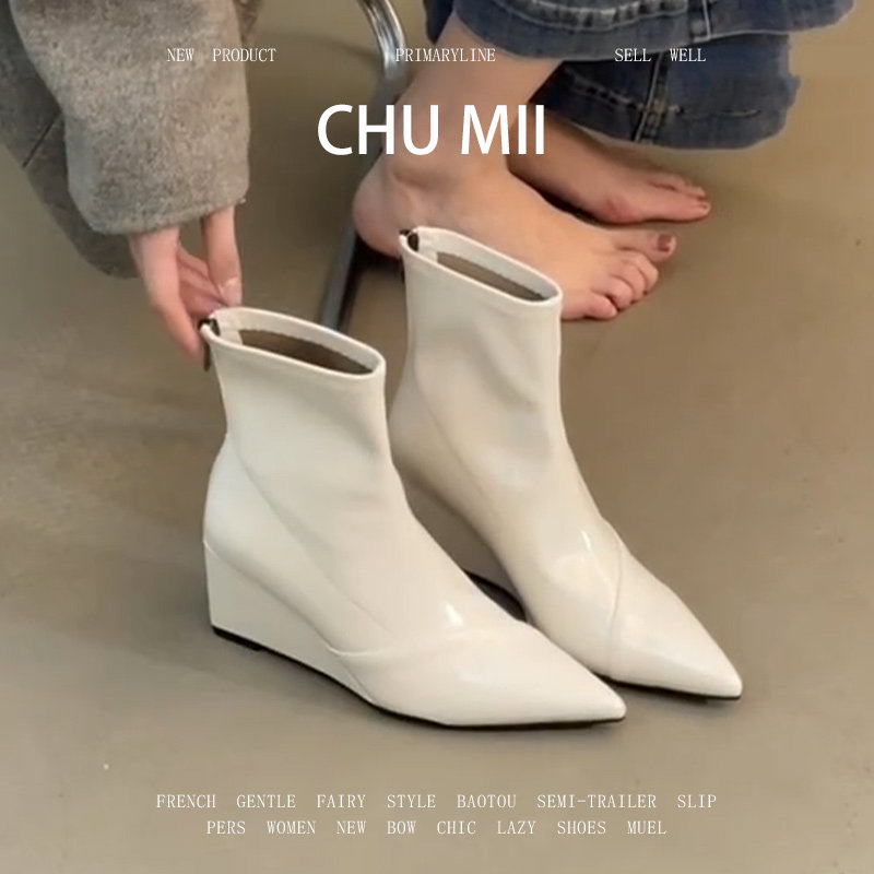 羊皮版~白色坡跟尖头瘦瘦靴女高跟后拉链短靴名媛高级感及裸靴