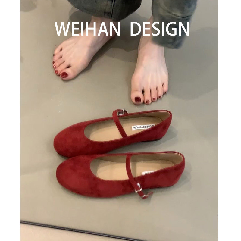 羊皮版！复古平底红色单鞋女一字带芭蕾舞鞋圆头浅口配裙子奶奶鞋