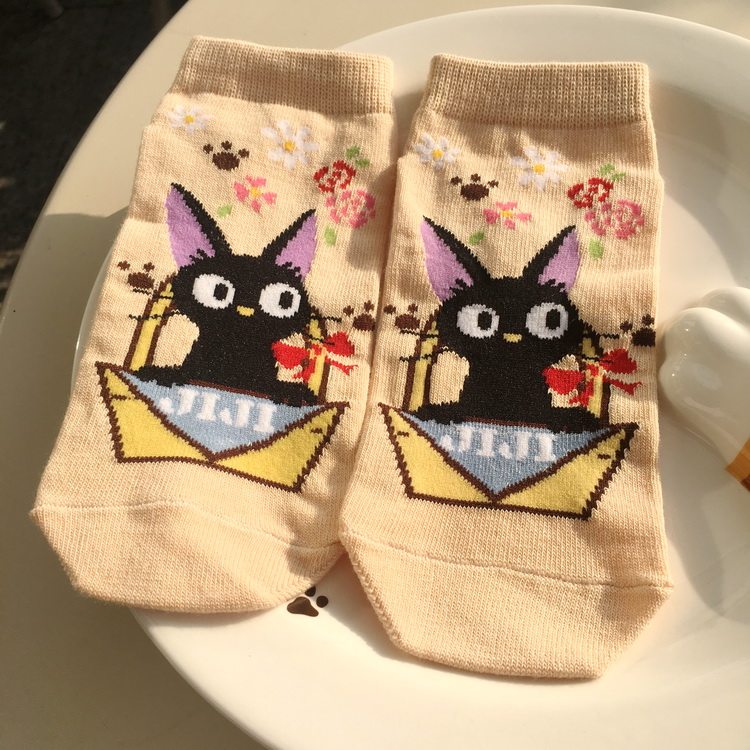 有猫 夏款薄款黑猫女士短袜 女生短款棉袜 肉色 新款外贸卡通女袜