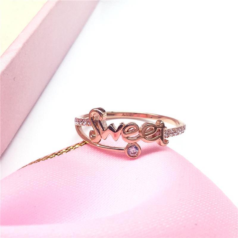 俄罗斯585紫金锆石字母戒指简约高级感气质ins风玫瑰金活口指环女