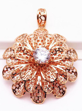 俄罗斯585紫金项链镀14K玫瑰金时尚双层镂空玫瑰花吊坠日韩高级感