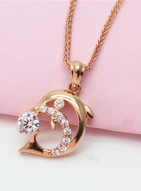 俄罗斯585玫瑰金女款镶嵌海豚吊坠镀14K玫瑰金简约时尚设计高级感