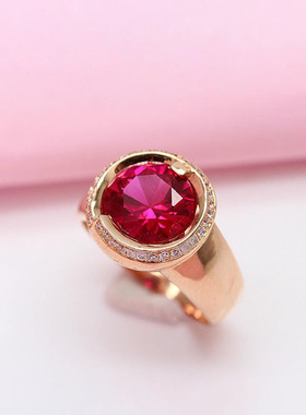 俄罗斯简约圆形红宝石戒指镀玫瑰金百搭气质优雅女士女款饰品礼物