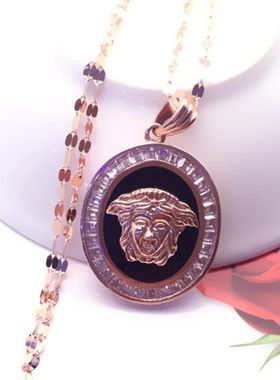 俄罗斯585紫金锆石黑色人像圆形吊坠女款镀14k玫瑰金时尚气质饰品