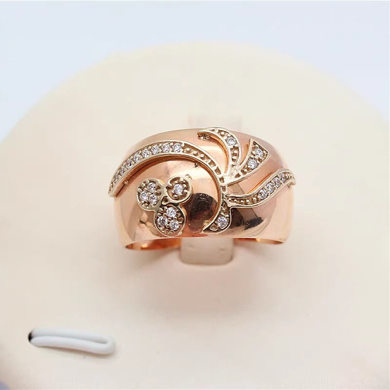 俄罗斯585紫金花纹戒指精致百搭优雅经典气质玫瑰金女士高档ins风