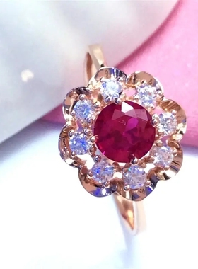 俄罗斯585紫金镀14K玫瑰金红宝石波浪花朵女奢华洋气指环精致时尚