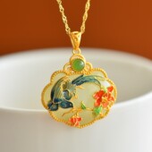 天然仿和田玉如意锁项链女复古镶嵌古法烧蓝新中式 喜上枝头锁骨链