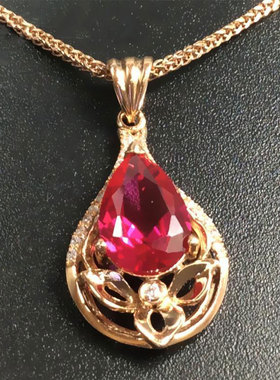 俄罗斯585紫金饰品镀14K玫瑰金镶嵌红宝石个性时尚潮流女水滴吊坠