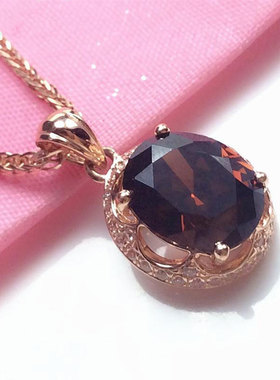 俄罗斯585紫金镀14K玫瑰金镶嵌烟色吊坠项链女款简约气质精美饰品
