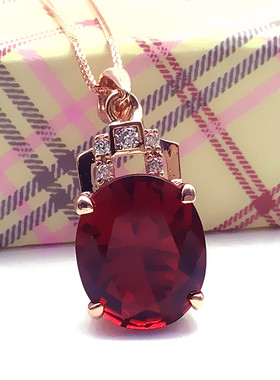 俄罗斯585紫金镀14K玫瑰金彩金女韩版时尚红宝石椭圆吊坠大气项链