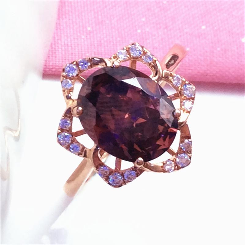 俄罗斯585紫金镶嵌花朵烟色戒指时尚镀14K彩金百搭简约个性潮流女