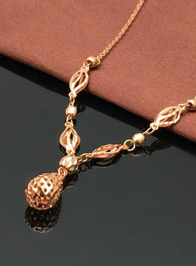 俄罗斯585紫金锁骨链镀14K玫瑰金时尚精致镭射球水滴项链法式轻奢