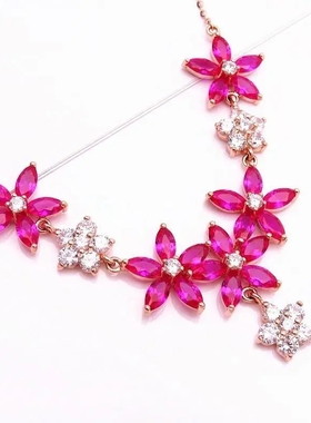 俄罗斯585紫金女精致气质豪华经典镀14K彩金镶嵌红石花朵项链礼物
