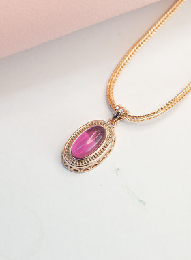 俄罗斯585紫金镀14K玫瑰金项链时尚红石精美奢华椭圆吊坠个性复古