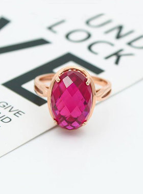 俄罗斯镀玫瑰金镶嵌四爪椭圆红宝石女款时尚设计感开口可调节戒指