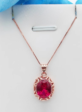 俄罗斯585紫金女士镶嵌红宝石椭圆吊坠时尚大气镀18K彩金项链礼物