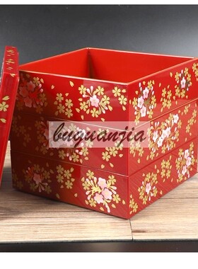 三层日式红色喜庆樱花烫金寿司盒怀石日料刺身盒食盒婚庆伴手礼盒