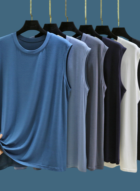 男士纯色宽肩莫代尔背心夏大码宽松无袖T恤薄款外穿圆领坎肩汗衫