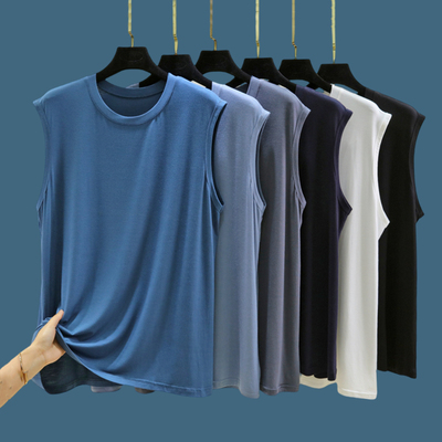 男士纯色宽肩莫代尔背心夏大码宽松无袖T恤薄款外穿圆领坎肩汗衫