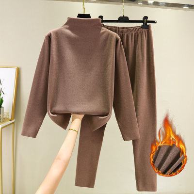 双面德绒贴身打底衫套装女秋冬长袖半高领保暖上衣秋衣秋裤两件套