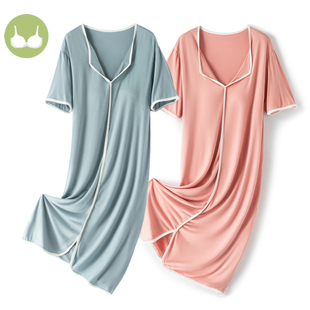 夏季带胸垫短袖莫代尔睡裙女中长款睡衣宽松可外穿翻领家居服薄款