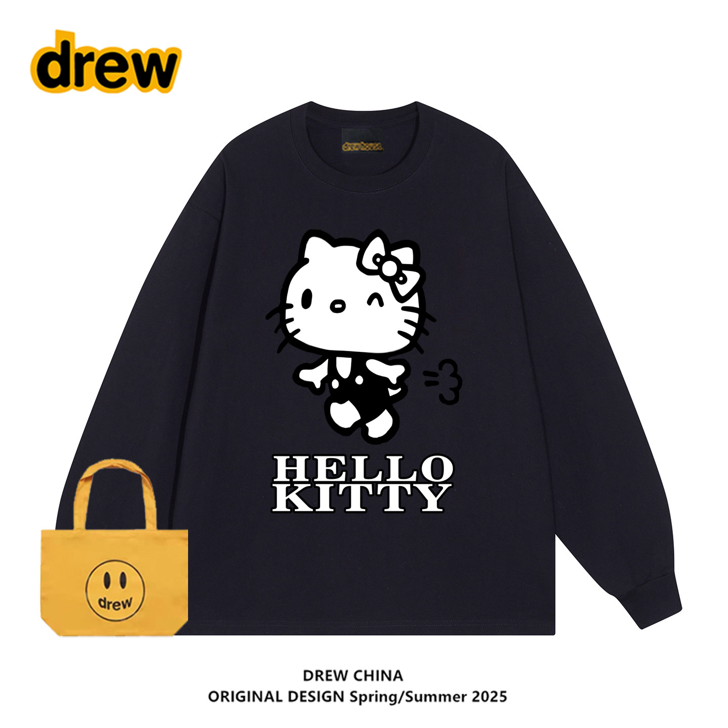 drew潮牌奔跑kitty猫印花长袖T恤