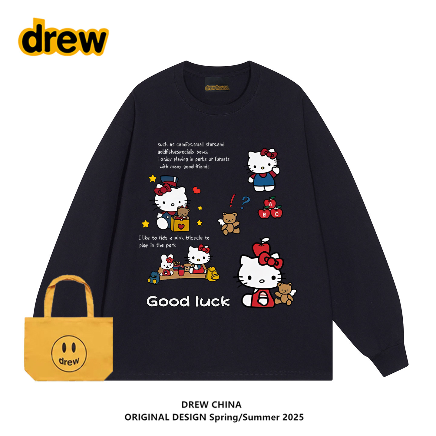 drew潮牌kitty猫家庭聚餐印花T恤