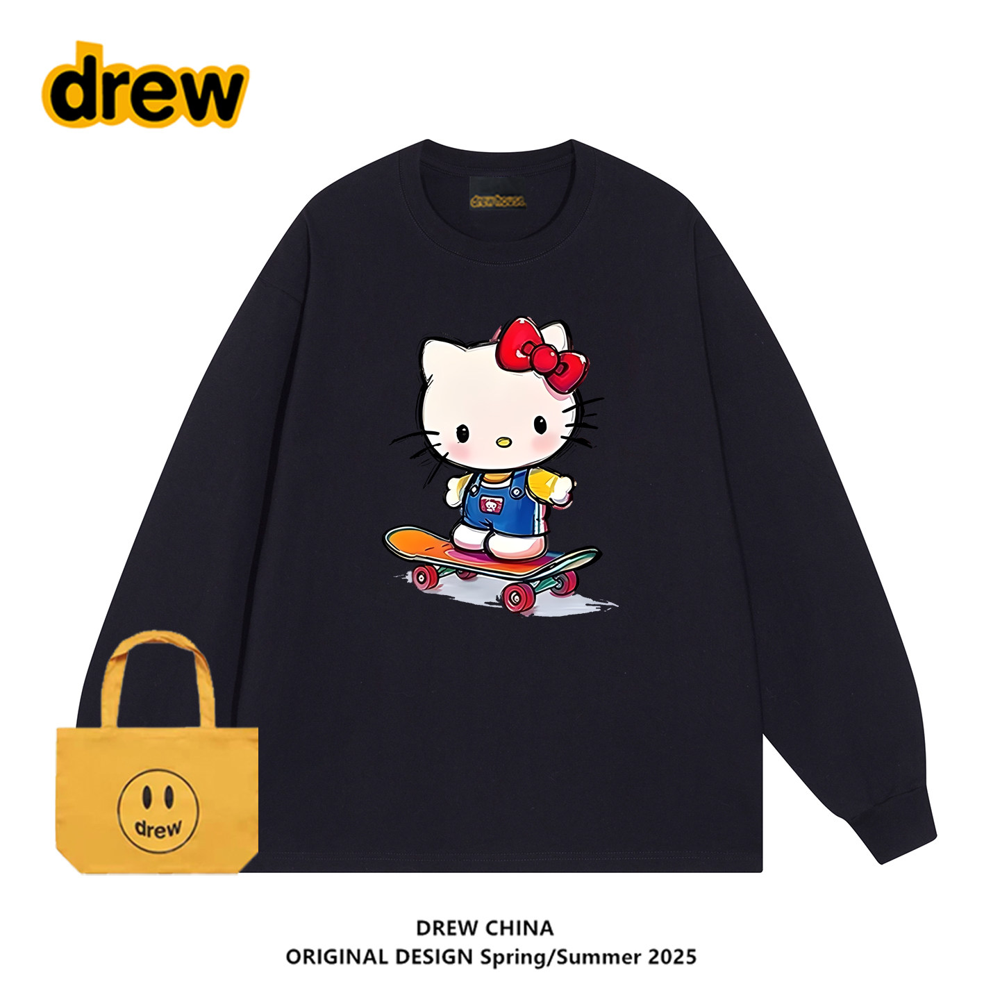 drew潮牌滑板猫印花长袖T恤